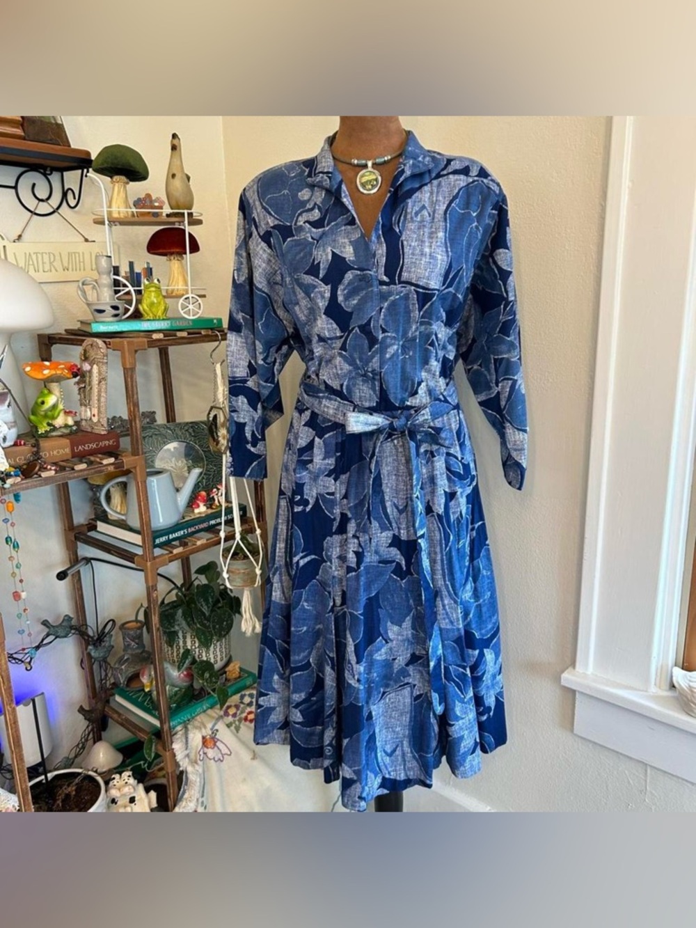Blue Floral Collared Tie Waist Pleated Midi Dress by Willi of California